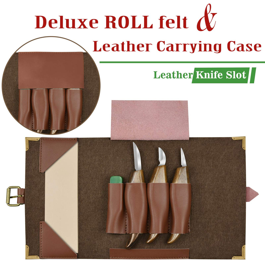 Wood Whittling Kit, 8 Pcs Wood Carving Tools for Beginners with Deluxe Felt Leather Case, Premium Chip Carving Knives Set,Detail Wood Knife Whittling Kit Cut Resistant Gloves Gift Box