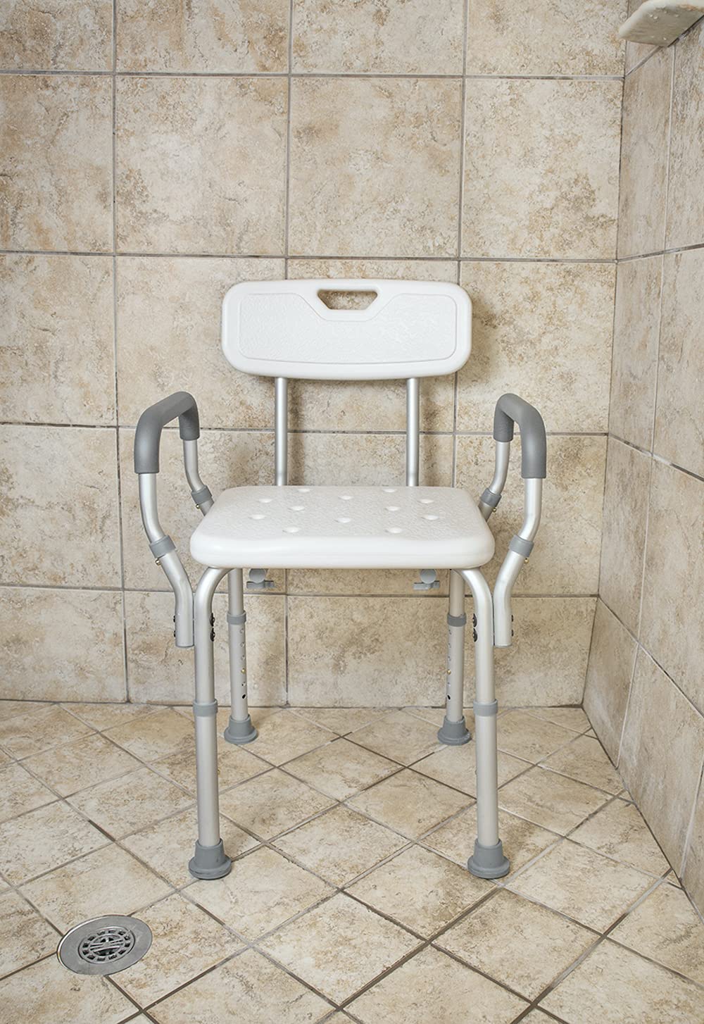Height Adjustable Shower and Bath Bench with Padded Arms, Contoured Back and Textured Shower Chair Seat - Perfect for The Bath and Shower