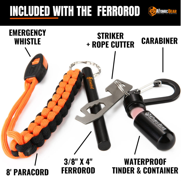 Fire Starter Survival Tool - Flint and Steel Fire Starter with Paracord, Emergency Whistle, Tinder and Waterproof Container to Start Campfires in Wilderness - Essential Hiking Gear