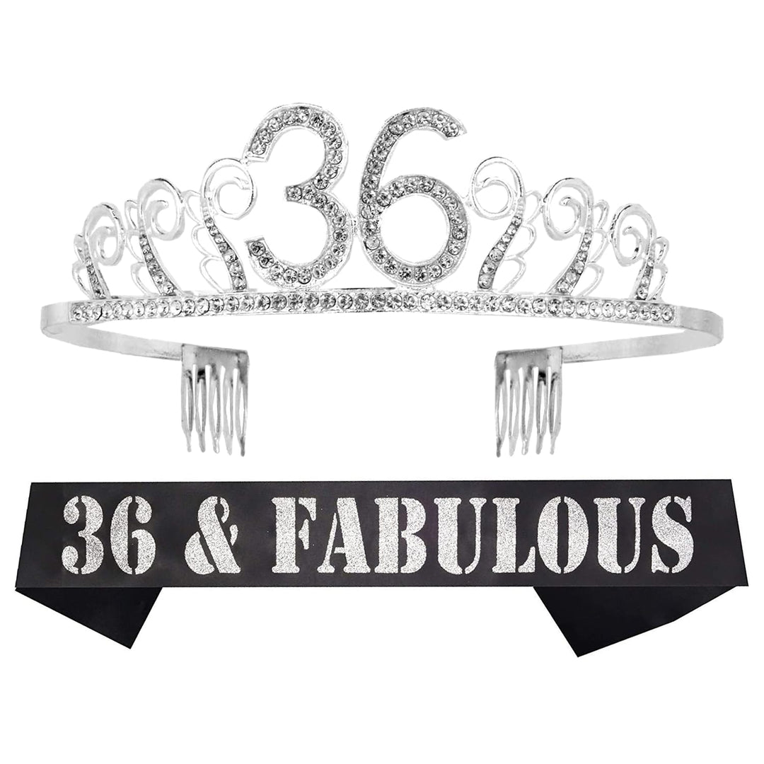 36th Birthday Tiara and Sash silver, 36th Birthday Gifts for woman, HAPPY 36th Birthday Party Supplies, 36 & Fabulous Glitter Satin Sash and Crystal Tiara Birthday Crown for 36th Birthday Party Suppli