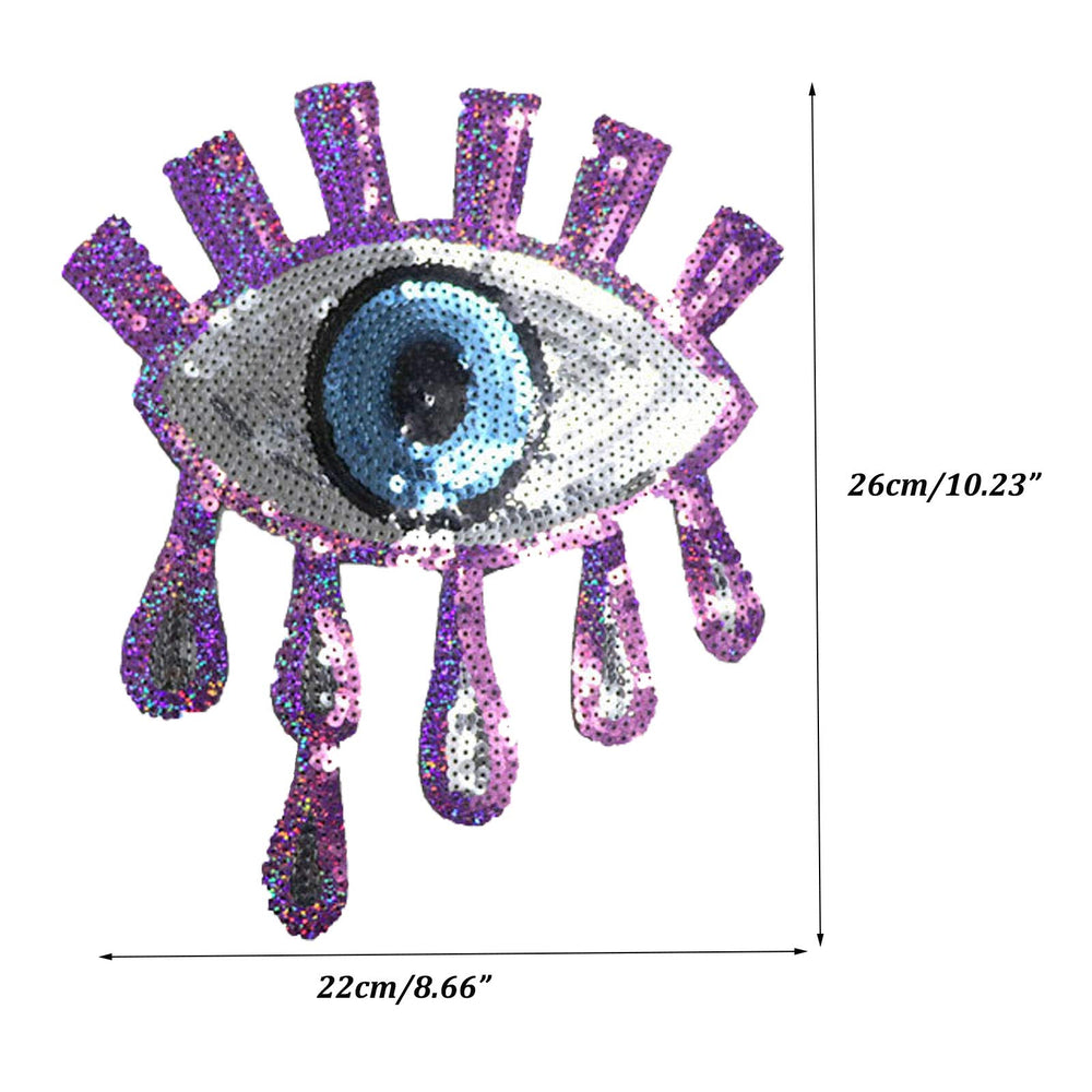 4 Pieces Large Blue Eyes Iron on or Sew on Blue Sequins Patches Embroidered Sequins Glitter Punk Patches for Clothing Jeans T-Shirt DIY Motif Applique(Silver, Gold, Purple, Black)