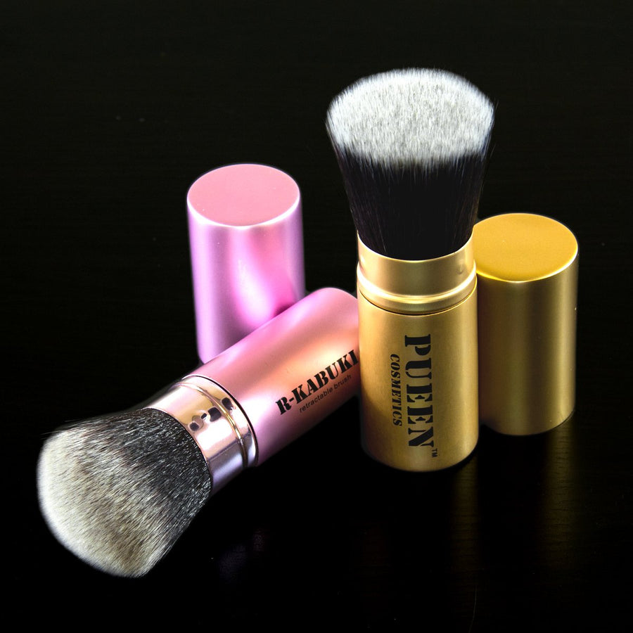 Synthetic Hair Retractable Round Top Kabuki Brush and Flat Top Kabuki Brush Set