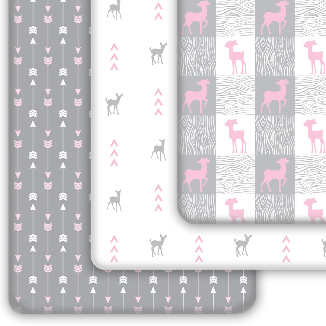 GROW WILD Pack n Play Sheets 3-Pack | Baby Mini Crib Sheets for Girls | Soft Pack and Play Mattress and Crib Bedding Set | Playard Jersey Cotton Fitted Crib Sheets | White Grey Pink Deer and Arrows