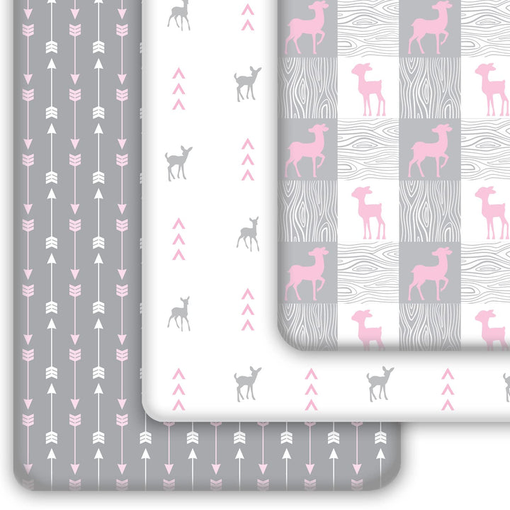 GROW WILD Pack n Play Sheets 3-Pack | Baby Mini Crib Sheets for Girls | Soft Pack and Play Mattress and Crib Bedding Set | Playard Jersey Cotton Fitted Crib Sheets | White Grey Pink Deer and Arrows