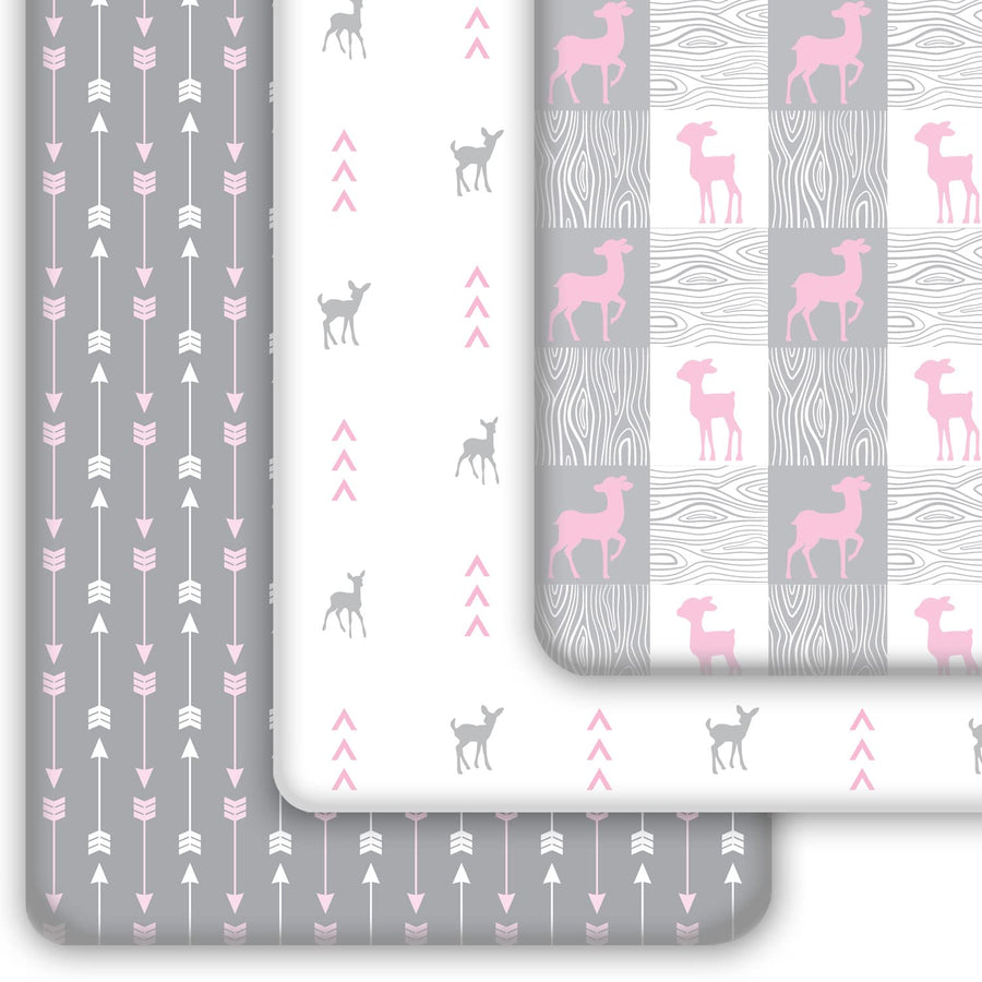 GROW WILD Pack n Play Sheets 3-Pack | Baby Mini Crib Sheets for Girls | Soft Pack and Play Mattress and Crib Bedding Set | Playard Jersey Cotton Fitted Crib Sheets | White Grey Pink Deer and Arrows