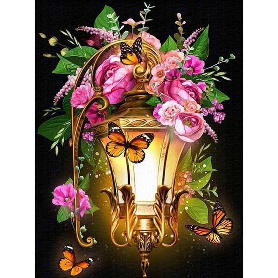 Flowers Diamond Painting Kits for Adults, Round Full Drill Lantern Diamond Art Kits, 5D DIY Butterfly Diamond Painting by Number Kits Flower Gem Beads Art Kits for Home Wall Decor 12x16 Inch