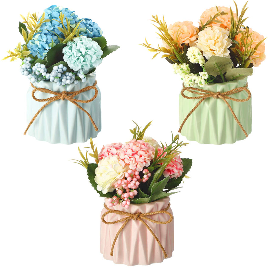 3 Pieces Artificial Hydrangea Bouquet with Small Ceramic Vase Fake Silk Floral Balls Flowers Decor Pretty Flower Arrangement for Table Home Party Office Wedding Spring Decoration (Vivid Style)