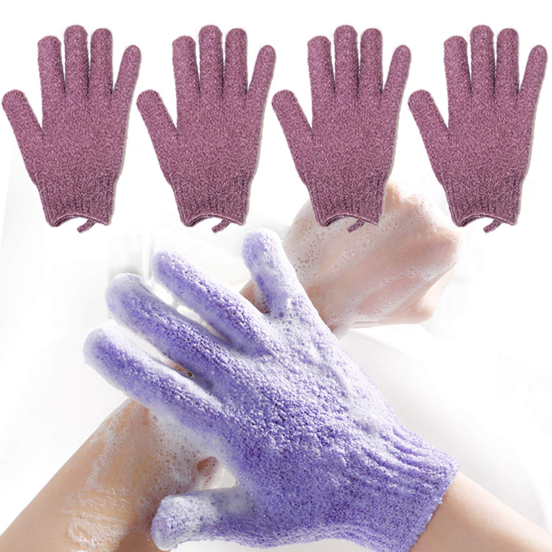 Exfoliating Bath Loofah Gloves Body Scrub Wash Mitts Skin Massage Sponge Towel Deep Cleansing Dead Skin Brush Scrub Luxury Spa Heavy with Lanyard Scrubber 2 Pair (deep Purple)