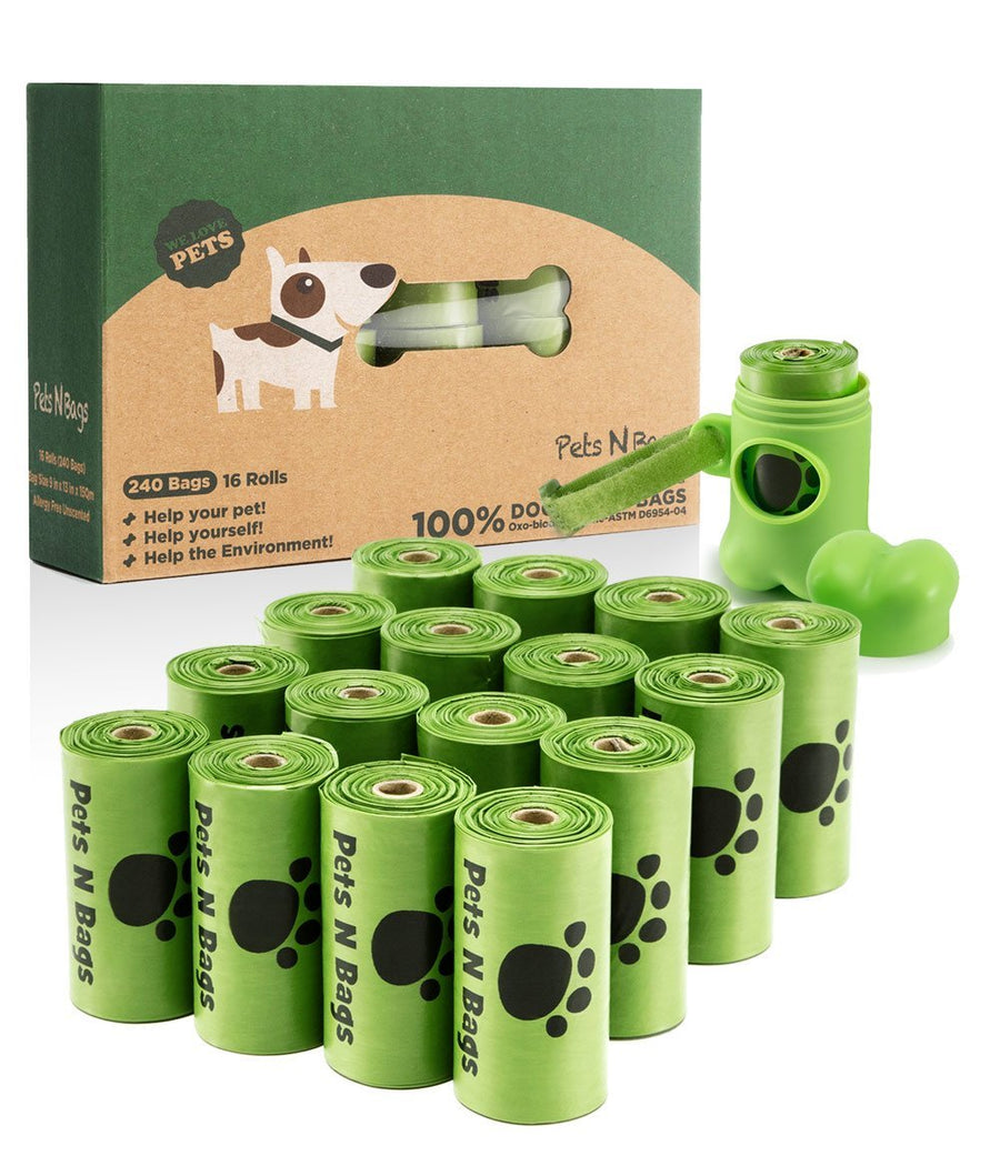 Poop Bags, Environment Friendly Dog Waste Bags, Biodegradable, Refill Rolls, Includes Dispenser (16 Rolls / 240 Count)
