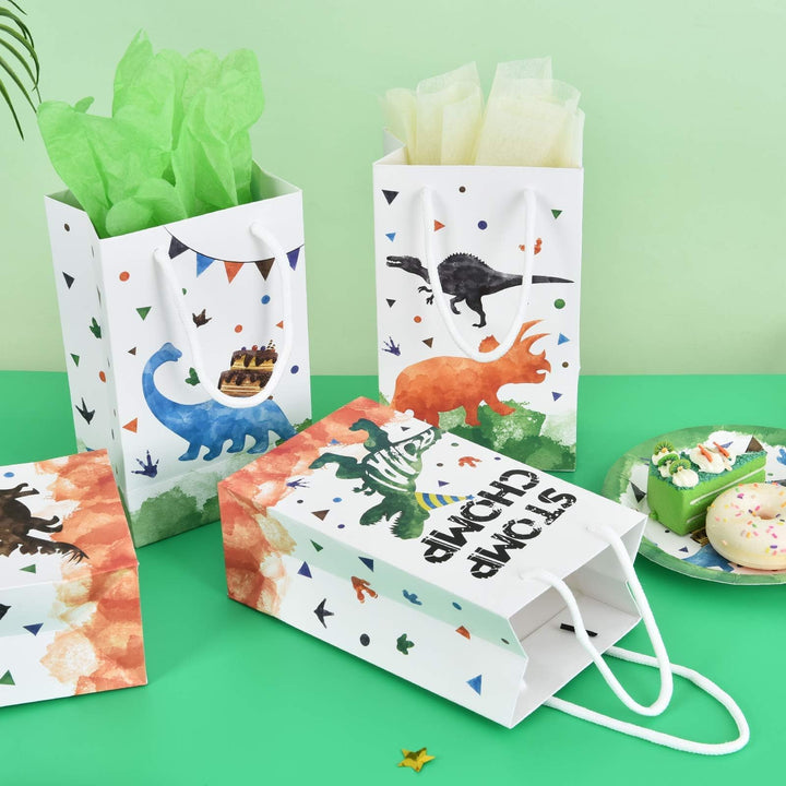 Watercolor Dinosaur Party Bags - 16 Pack Dinosaur Party Favor Bags for Boys Kids Dino Theme Party Supplies Candy Treat Goodies Gift Bags with Handle