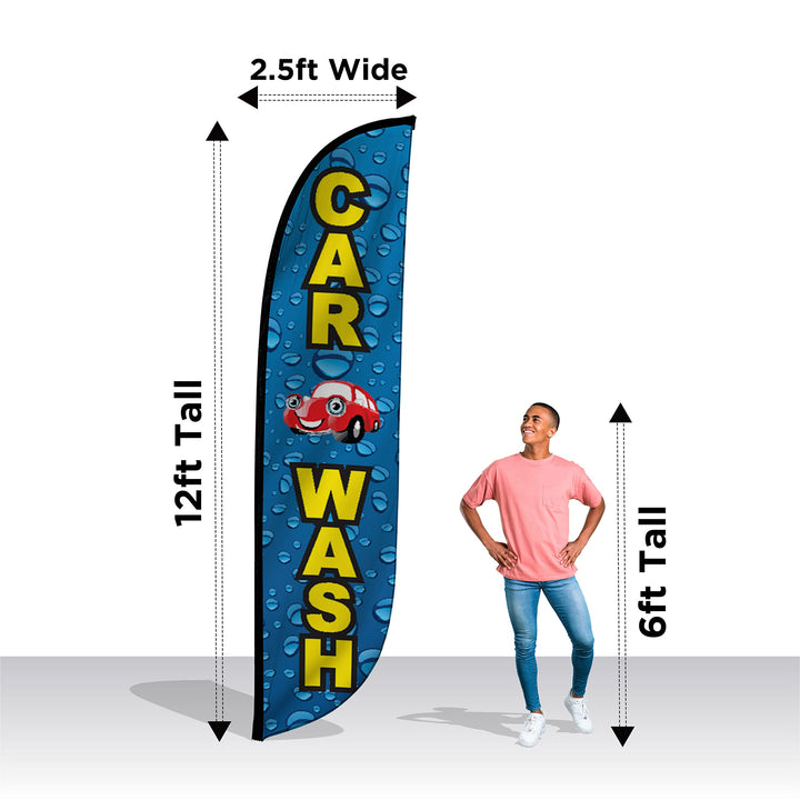 Feather Flag Banner - 12 Feet Tall Advertising Flags for Outdoor Business and Events Promotion - Swooper Flag Only - Car Wash Flags - Car Wash Water Drops (10M1200109)