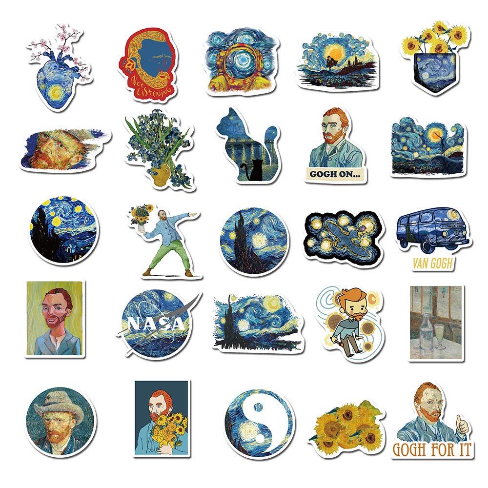 40Pcs Van Gogh The Starry Night Sunflowers Art Waterproof Stickers for Water Bottle Cup Laptop Bike Skateboard Luggage Box Vinyl Graffiti Patches BRJHSL