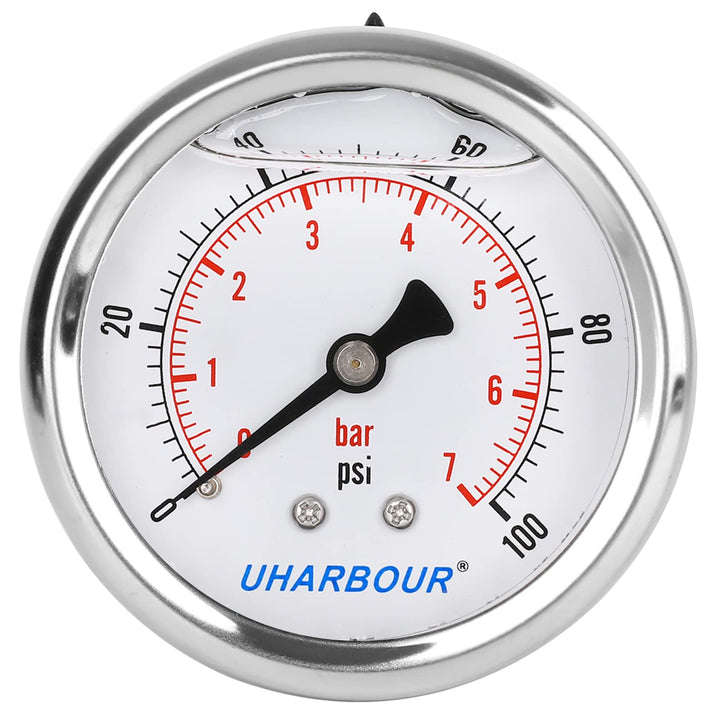 UHARBOUR Glycerin Filled Pressure Gauge 100psi/7bar, Stainless Steel case, Brass Inside Construction, 2-1/2 dial, 1/4NPT Back Connection.…