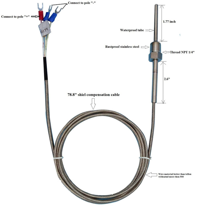 Waterproof RTD PT100 Temperature Sensor - Stainless Steel 3 Wire Thermistor Probe for PID Temperature Controller NPT 1/4 Inch Pipe Thread with Insulation Lead Shield Wire -50~500 with 2m Wire
