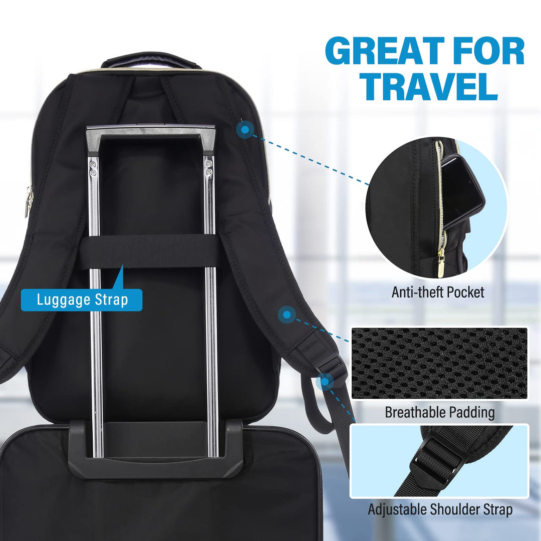Laptop Backpack for Women, Stylish Quilted Backpacks Purse for Business Work Travel, Computer Bags Bag, with USB Port fits 15.6-inch Laptop, Black