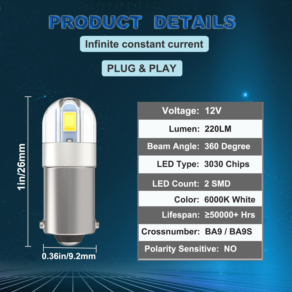 Shuyee Super Bright BA9S LED Car Bulbs, BA9 53 57 1895 64111 LED Lamp for Instrument Cluster Door Courtesy Map License Plate Light on RV Camper Trailer, Pack of 10