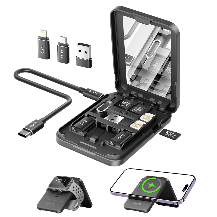 15W Wireless Charger Multifunction Box 2.9ft Cable Card USB Type-C Charging and USB C to USB A Light Aluminum Conversion Connector for Travel Charging PC Data Transfer (Classic)