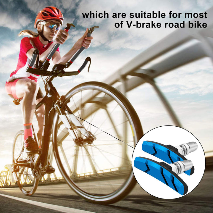 Bike Brake Pads Set, 6 PCS Road Mountain Bicycle V-Brake Blocks Shoes with Hex Nut and Shims, No Noise No Skid, 70mm, for Front and Back Wheel (Blue)
