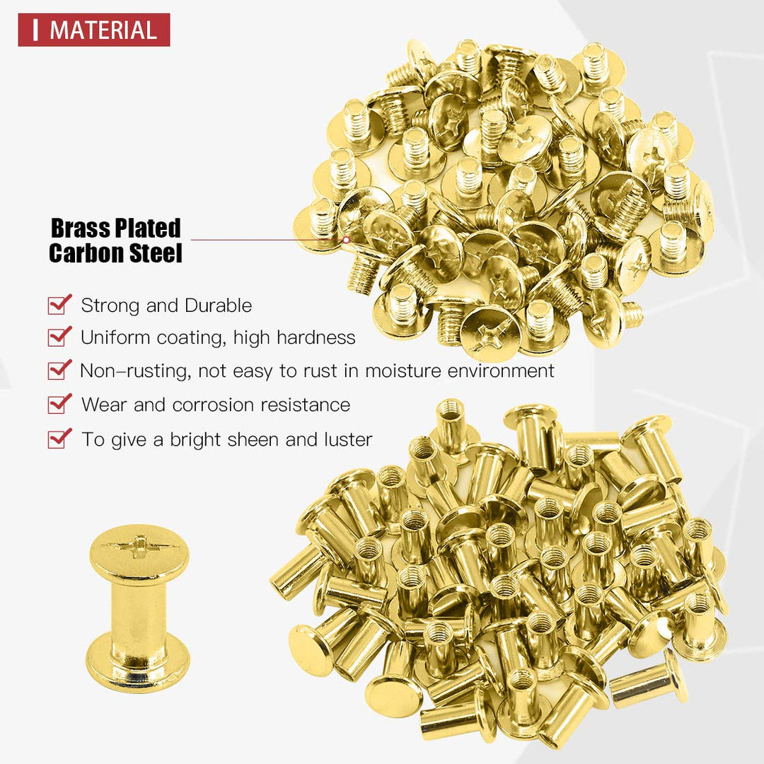 50-Sets M5 Brass Plated Phillips Chicago Screw Posts Binding Screws Assortment Kit for Scrapbook Photo Albums Binding, Leather Repair - Gold (M5 x 10mm-50Sets)