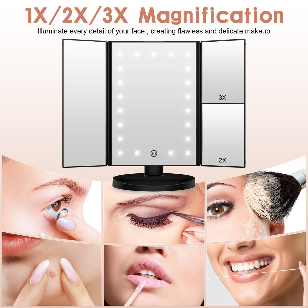 Lighted Vanity Makeup Mirror 1x/2x/3x Magnification Trifold with 21 LED Lights Touch Screen and USB Charging, 180 Degree Adjustable Stand for Countertop Cosmetic Makeup Mirror(Black)