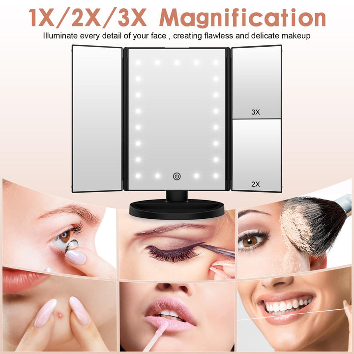 Lighted Vanity Makeup Mirror 1x/2x/3x Magnification Trifold with 21 LED Lights Touch Screen and USB Charging, 180 Degree Adjustable Stand for Countertop Cosmetic Makeup Mirror(Black)