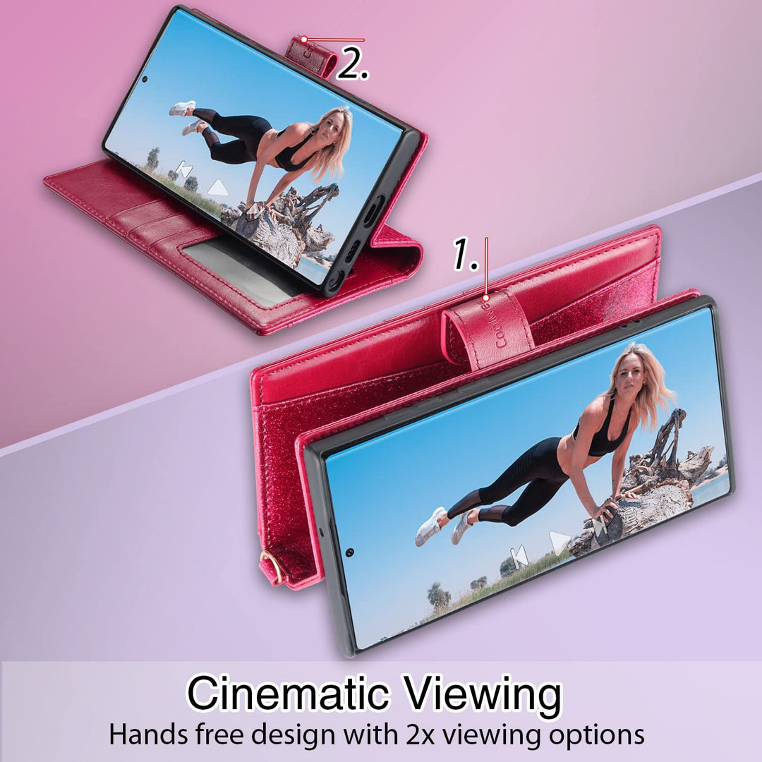 Wallet Case Compatible Galaxy S22 Ultra Flip Folio Cover with Card Slots Kisckstand Wrist Strap Girls Women Glitter PU Leather Compatible with Samsung Galaxy S22 Ultra Glitter Rose Red