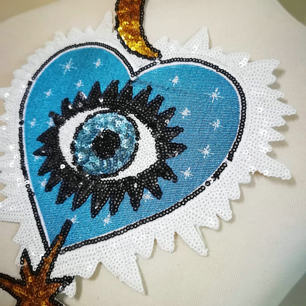 5pcs Large Sequin Heart Evil Eyes Patch No Glue Cartoon Motif Applique Embroidery Garment Accessory (Blue A)