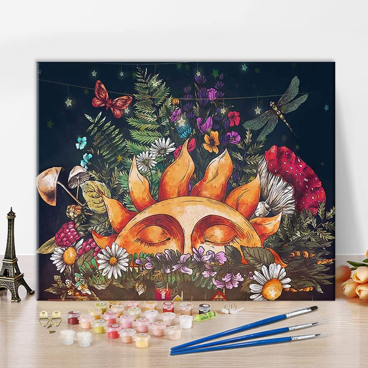 Adults Kids Paint by Numbers Sun DIY Oil Painting, Hippie Paint by Numbers, Mushroom Flowers Butterfly Adult Paint by Number for Home Wall Decor Painting Kit Frameless 16x20 Inch