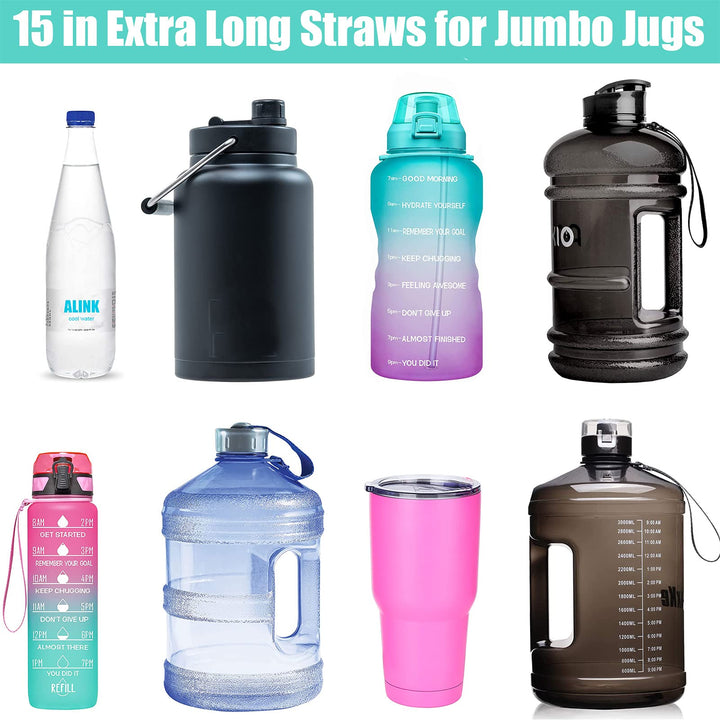 15 inch Extra Long Reusable Silicone Straws, 4-Pack Flexible Straws for Stanley 40 oz Tumbler, 1 Gallon Water Bottles, 128 64 30 oz Jug Cup with Cleaning Brush