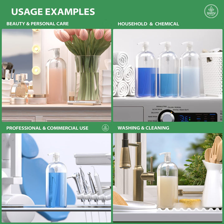 Empty Shampoo Bottles with Pumps, 32Oz/1Liter/Large, BPA-Free, Lightweight (Medium Density PETE1 Plastic), Pack of 3, Clear Bottles, (32OZOBOTTLECP.3)