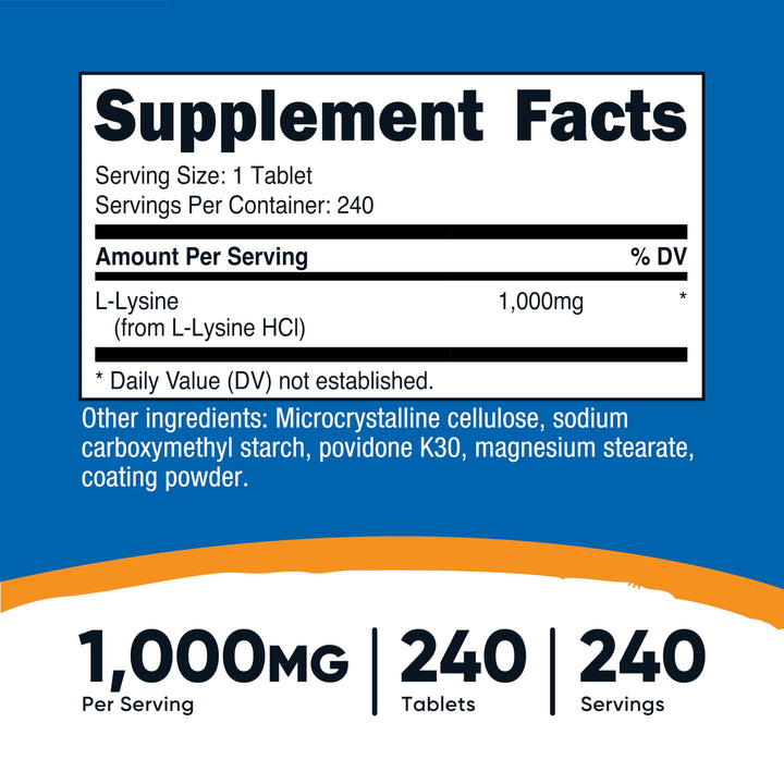 L-Lysine 1000mg, 240 Tablets - Gluten Free, Non-GMO, and Vegetarian Friendly