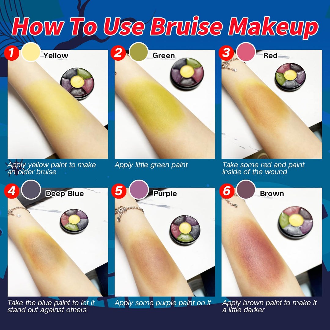 Bruise Wheel Makeup 6 Color for Special Effects, Face Body Oil Paint Theatrical Halloween with 3 pcs Black Stipple Sponges