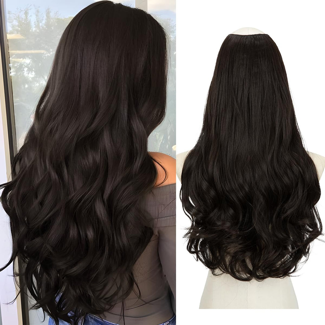 Clip in U Part Hair Extensions Synthetic Long Wavy Curly Thick Full Head Hairpiece for Women Black Brown 24 Inch