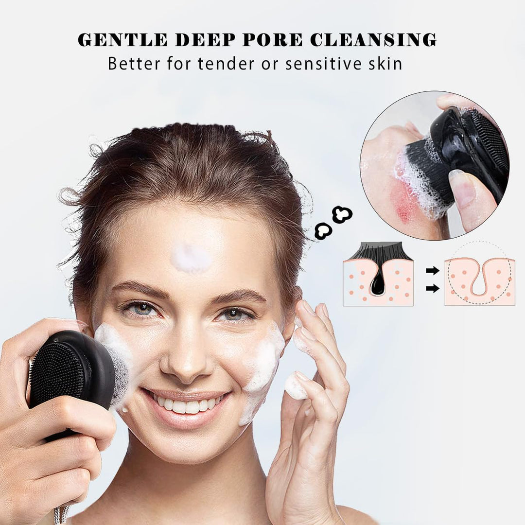 2 Pcs Facial Cleansing Brushes - Double Sided Face Scrubber for Deep Cleansing and Exfoliation, Soft Bristles Wash Brush and Silicone Exfoliating (Black)