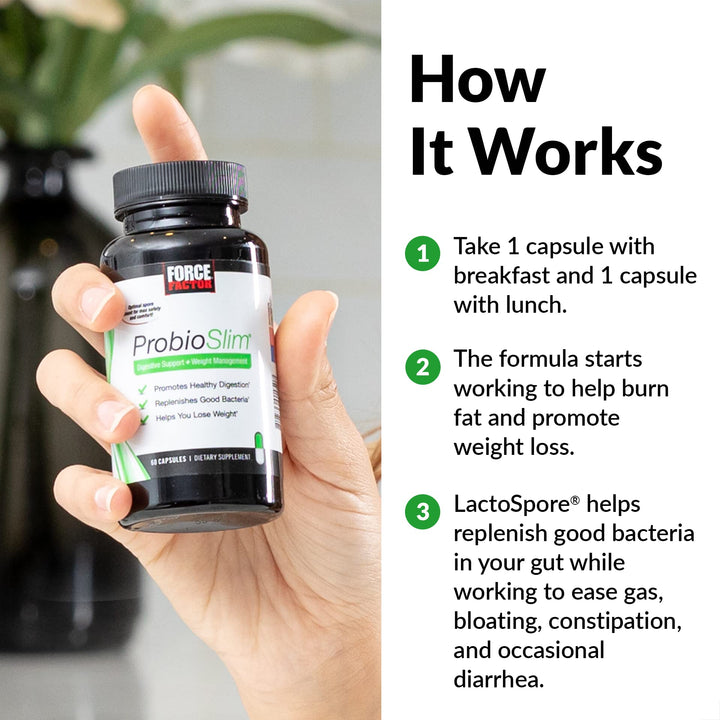 Force Factor ProbioSlim Probiotics for Women and Men, Probiotics for Digestive Health to Reduce Bloating, Gas, & Occasional Diarrhea, with Prebiotics, LactoSpore, & Green Tea for Energy, 60 Capsules