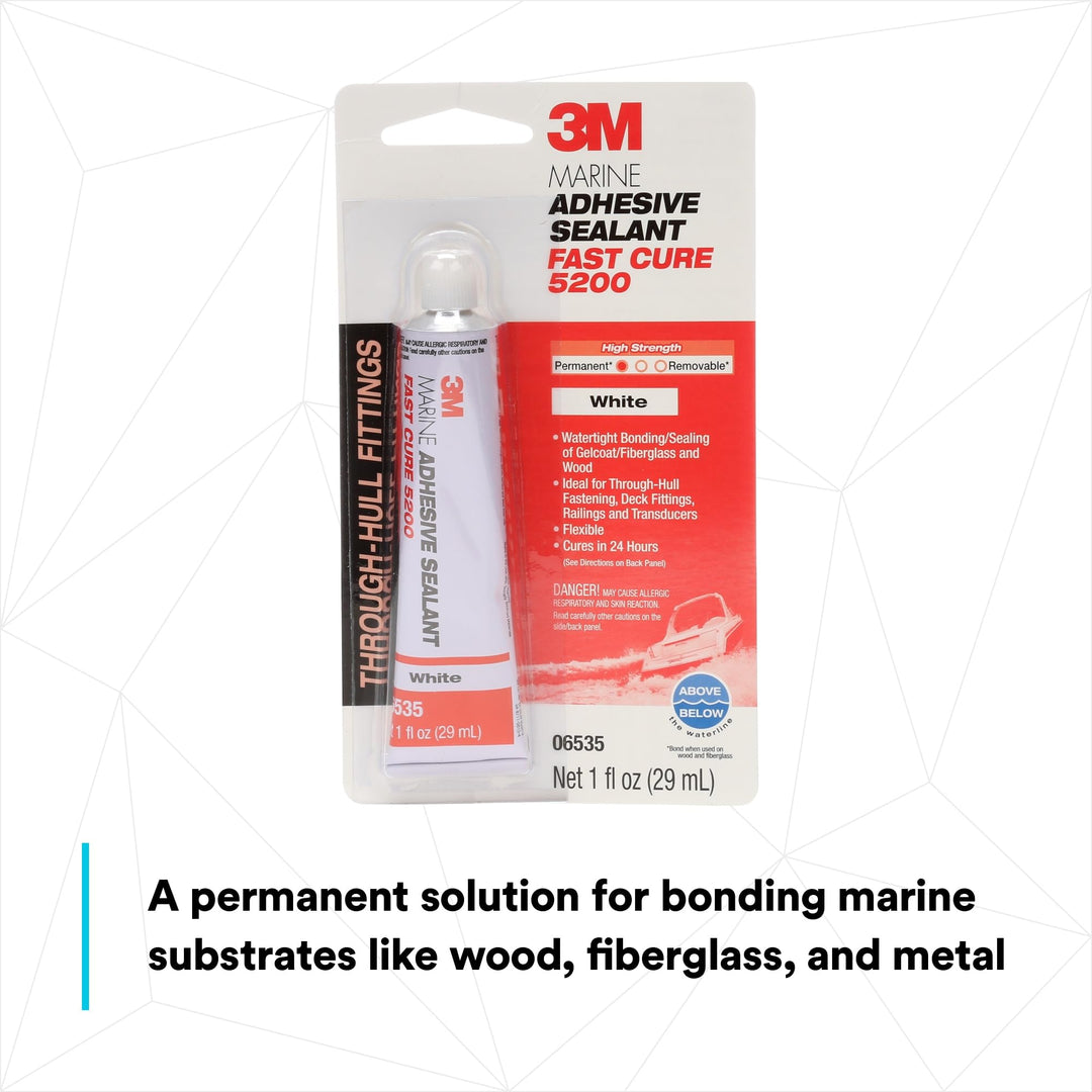 Marine Adhesive Sealant Fast Cure 5200 (05220) Permanent Bonding and Sealing for Boats and RVs Above and Below the Waterline Waterproof Repair, White, 3 fl oz Tube