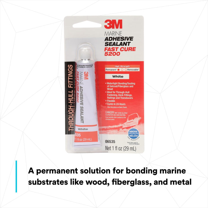 Marine Adhesive Sealant Fast Cure 5200 (05220) Permanent Bonding and Sealing for Boats and RVs Above and Below the Waterline Waterproof Repair, White, 3 fl oz Tube