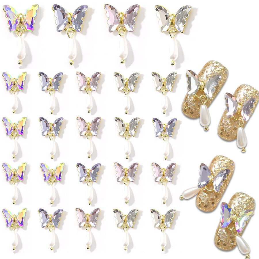 24pcs Zircon Butterflies 3D Dangle Nail Charms For Nails Women 3D Nail Charms For Nail Art Luxary Alloy Butterfly Nail Gems Crystals Butterfly Nails Designs Accessories For Acrylic Nails