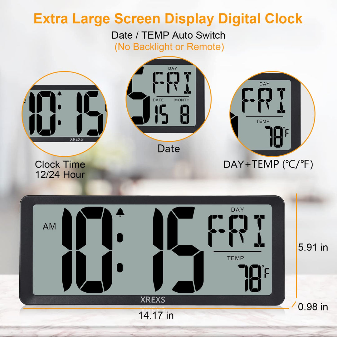 Large Digital Wall Clock, Battery Operated Alarm Clocks for Bedroom Home Decor, Count Up & Down Timer, 14.17 Inch Large LCD Screen with Time/Calendar/Temperature Display (Batteries Included)
