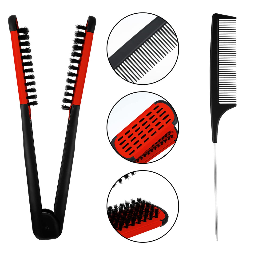 Hair Straightening Comb Boar Bristle Clamp Hair Brush Double Sided Hair Straightener Hair Splint Comb with 5 Pieces Alligator Hair Clips, Pin Rat Tail Comb for Hair Styling Curling Tools (Red Comb)