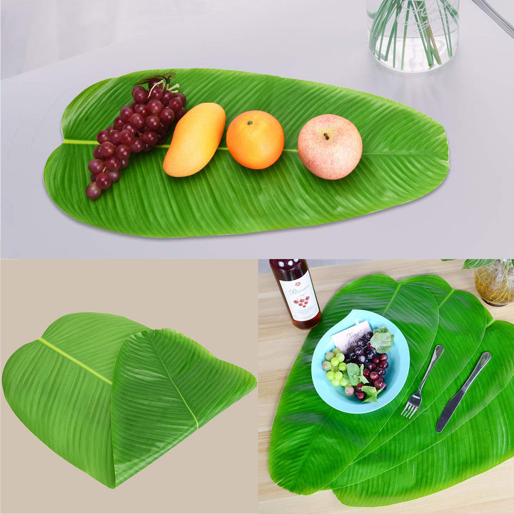 5PCS Large Artificial Banana Leaves, Faux Tropical Leaves for Hawaiian Luau Party Jungle Beach Island Adventure Theme Party Wedding Home Kitchen Decor Table Runner Centerpiece Place Mat