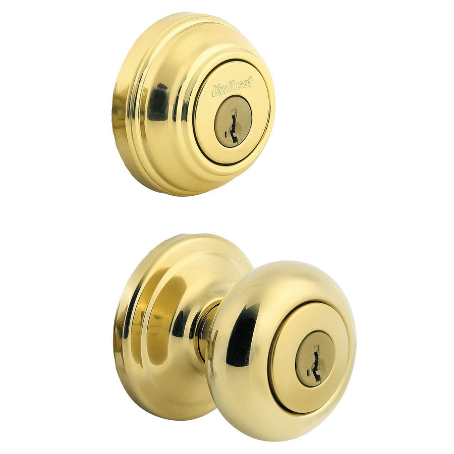 991 Juno Entry Knob and Single Cylinder Deadbolt Combo Pack Featuring SmartKey in Polished Brass