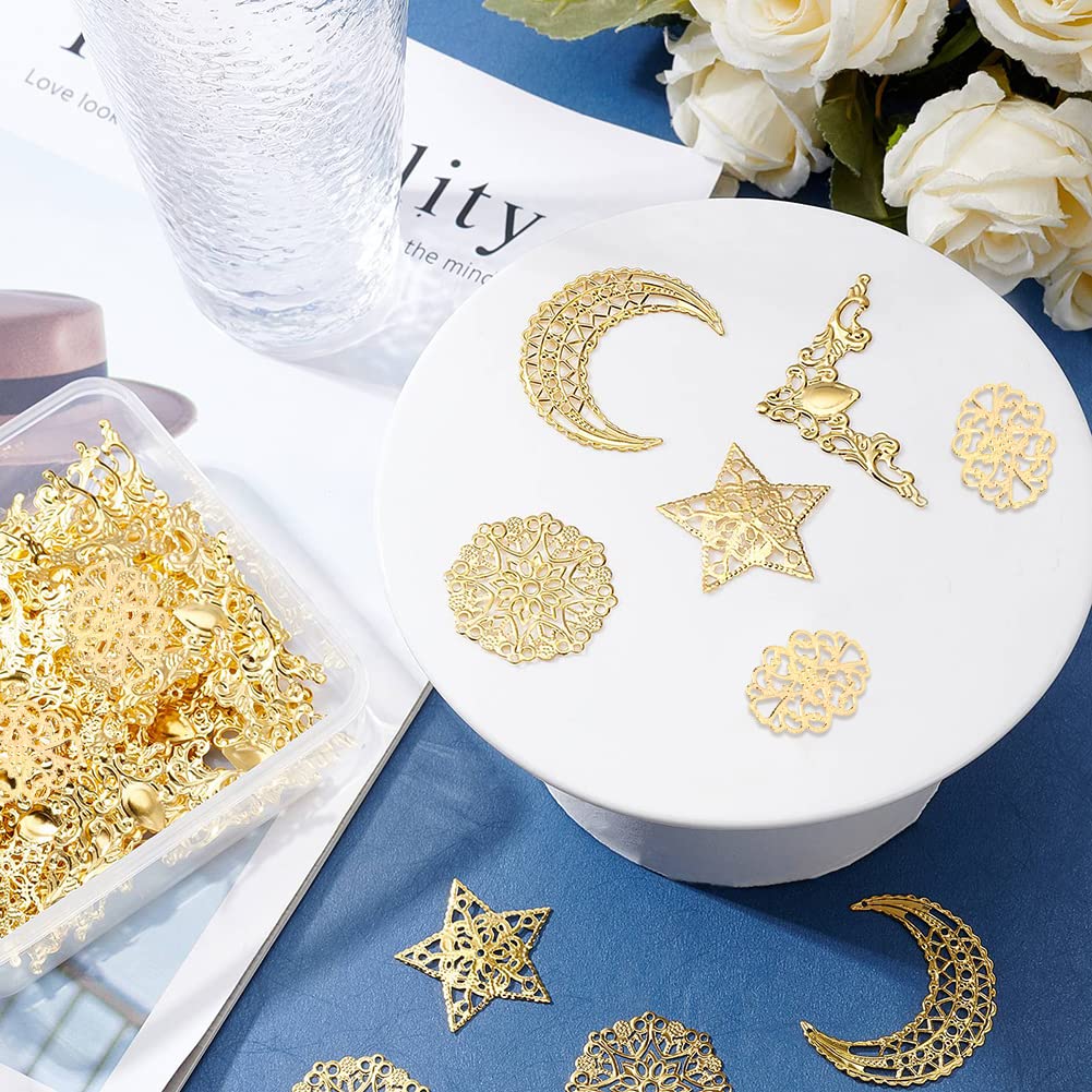 PandaHall 96pcs Iron Filigree Corner Embellishments Corner Protectors Hollow Triangle Wrap Connector with Filigree Pendant Connector Joiners Links Large Resin Fillers for Christmas Jewelry Making