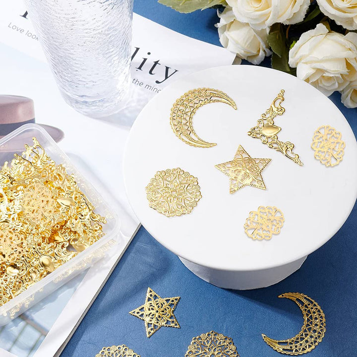 PandaHall 96pcs Iron Filigree Corner Embellishments Corner Protectors Hollow Triangle Wrap Connector with Filigree Pendant Connector Joiners Links Large Resin Fillers for Christmas Jewelry Making