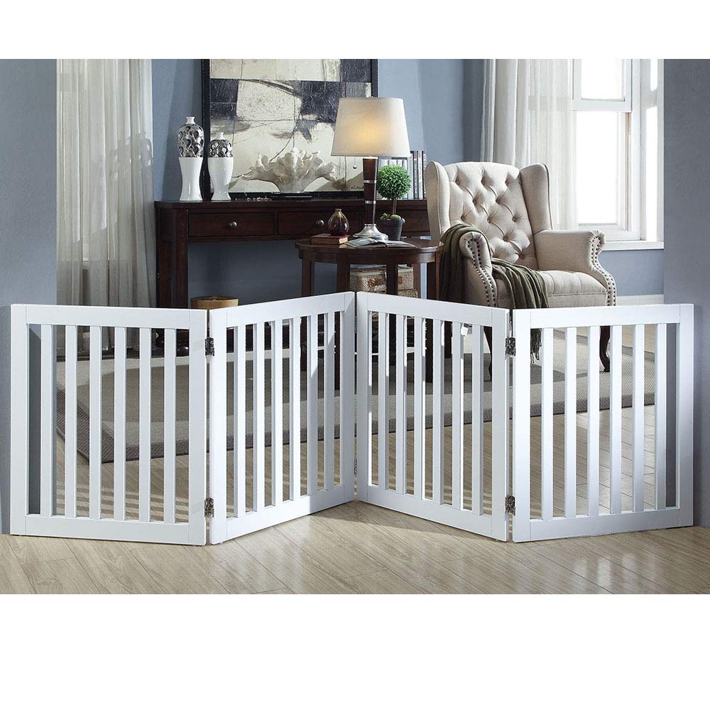 24”H Free Standing Pet Gate for Dog Cat, Wooden Dog Gates for Doorway, Stairs, Step Over Foldable Pet Fence for The House, Expandable Dog Barrier, Indoor Use, White