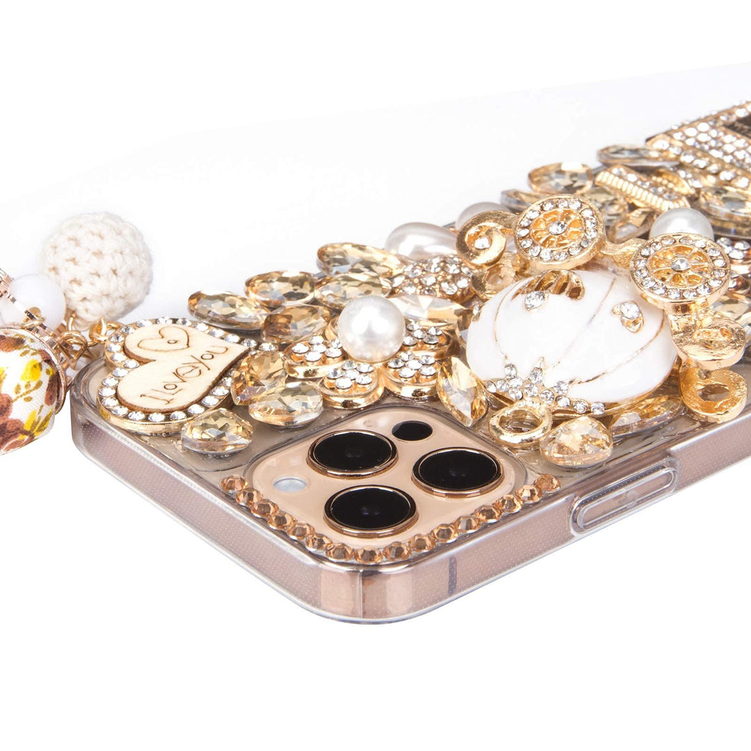 Bling Case, Girls Women 3D Luxury Sparkle Glitter Diamond Crystal Rhinestone Pumpkin Car Charm Pendant Protective Case Cover for iPhone 13 Pro Max 6.7 inch (Champagne)