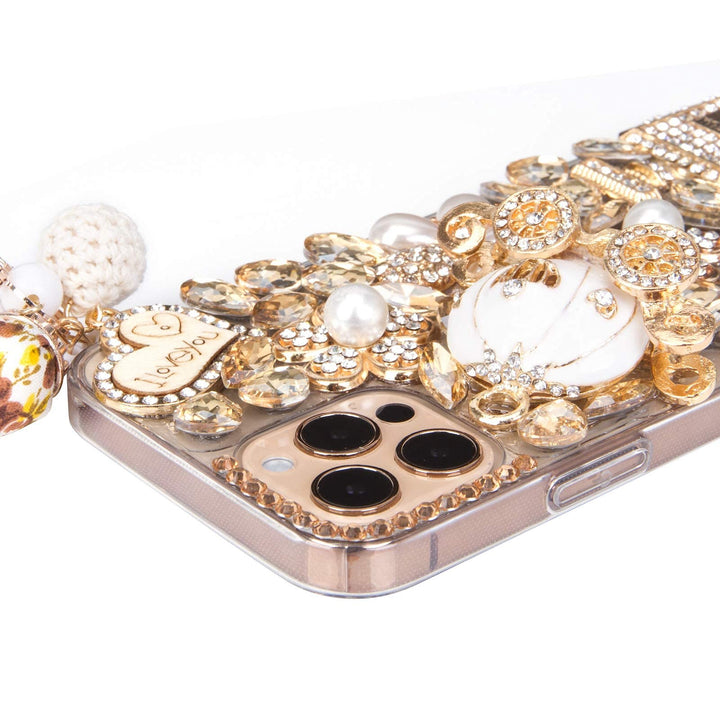 Bling Case, Girls Women 3D Luxury Sparkle Glitter Diamond Crystal Rhinestone Pumpkin Car Charm Pendant Protective Case Cover for iPhone 13 Pro Max 6.7 inch (Champagne)