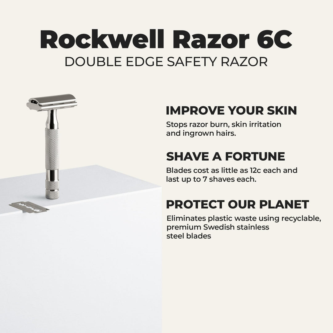 Rockwell Razors 6C White Chrome Double-Edge Safety Razor for Men and Women with 6 Adjustable Shave Settings and 5 Fully Recyclable Eco Razor Blades
