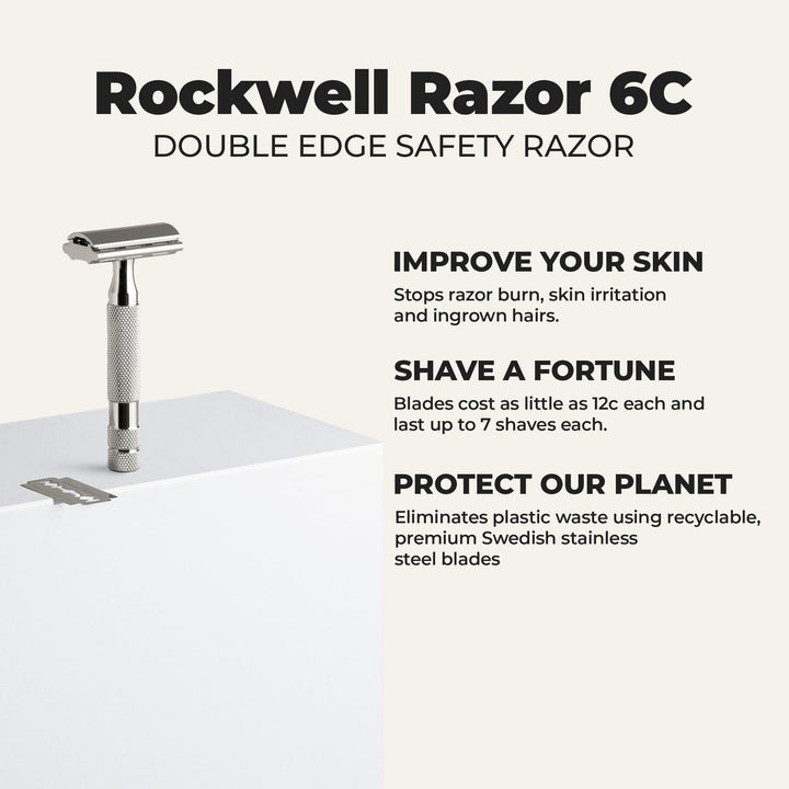 Rockwell Razors 6C White Chrome Double-Edge Safety Razor for Men and Women with 6 Adjustable Shave Settings and 5 Fully Recyclable Eco Razor Blades