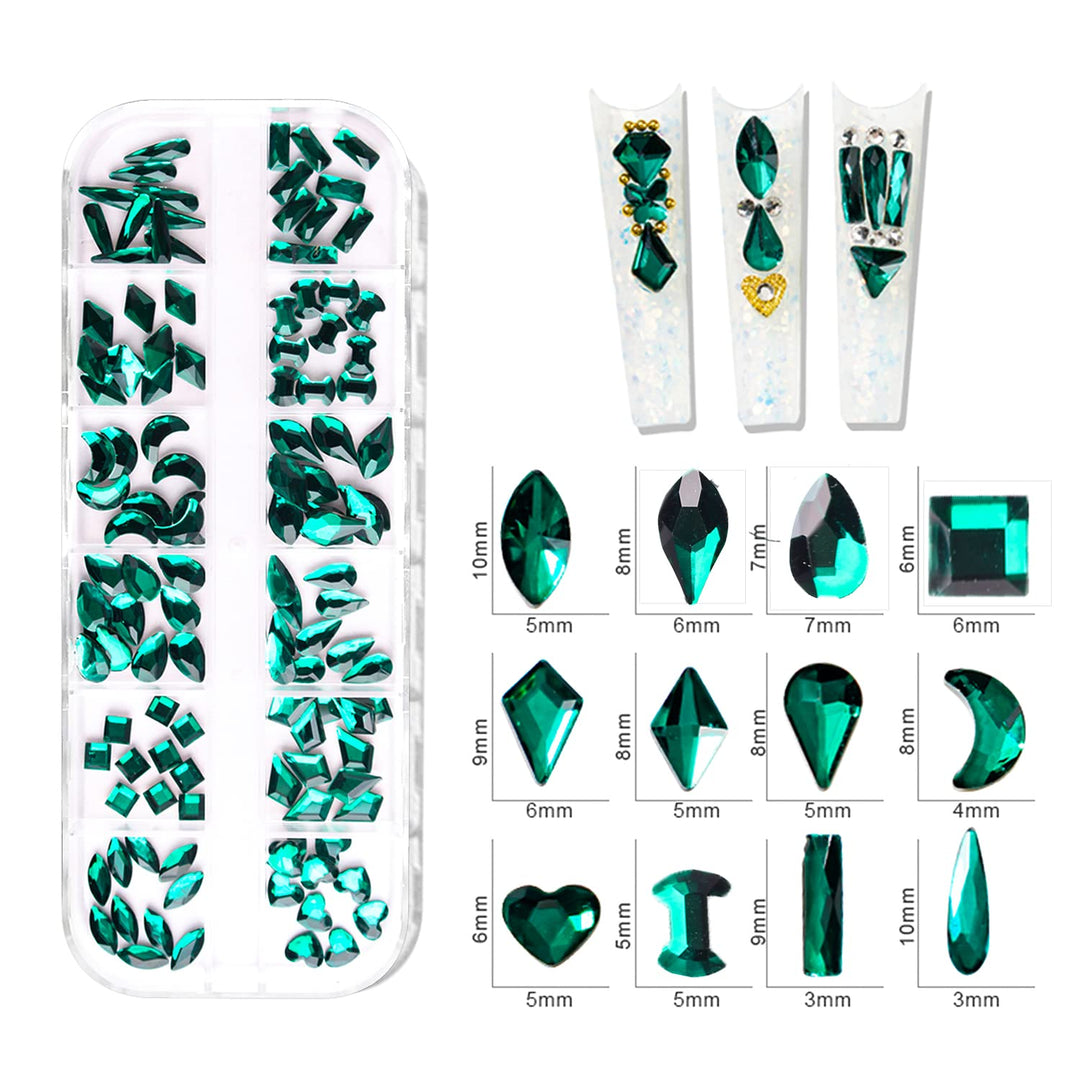 1620pcs Emerald Green Nail Rhinestones Green Crystals Glass Gems Stones Round Beads 6 Sizes (1.5-4mm) Flatback Multi Shapes Sizes With Picking Pen for Nail DIY Crafts Clothes Shoes Jewelry